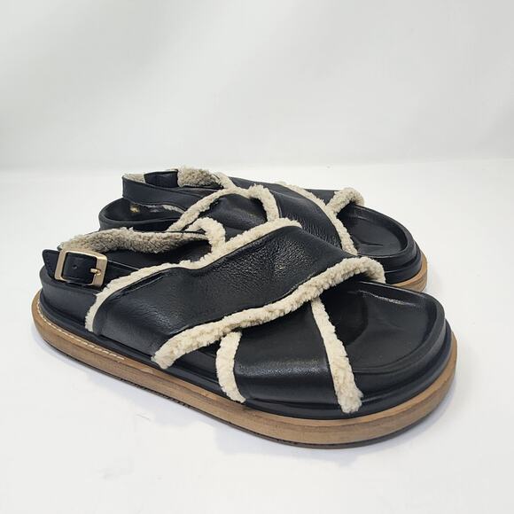 Alohas Marshmallow Black Leather Platform Sandal Women Size 39 US 8 Sherpa Lined - Picture 1 of 9